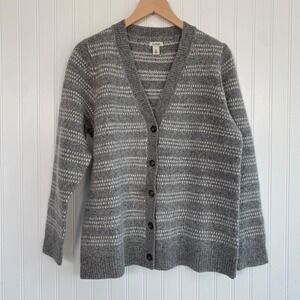 LL Bean Womens 100% Wool Striped Cardigan Sweater Size M Button Up Gray Neutral